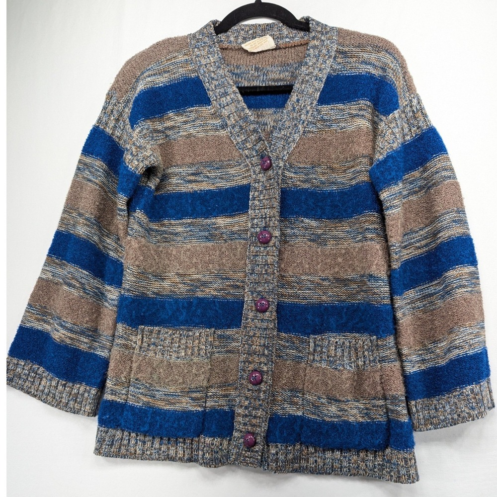 Vintage‎ Jantzen Striped Knit Cardigan Sweater Blue Brown V-Neck Mens Medium